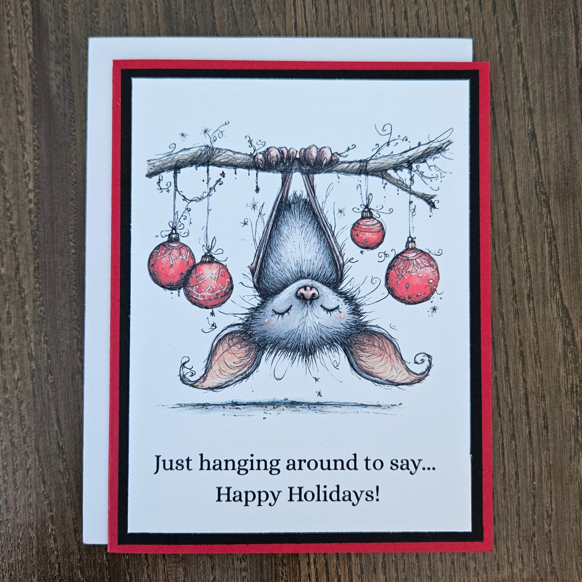 Red and black layered holiday bat card with coordinating white envelope  