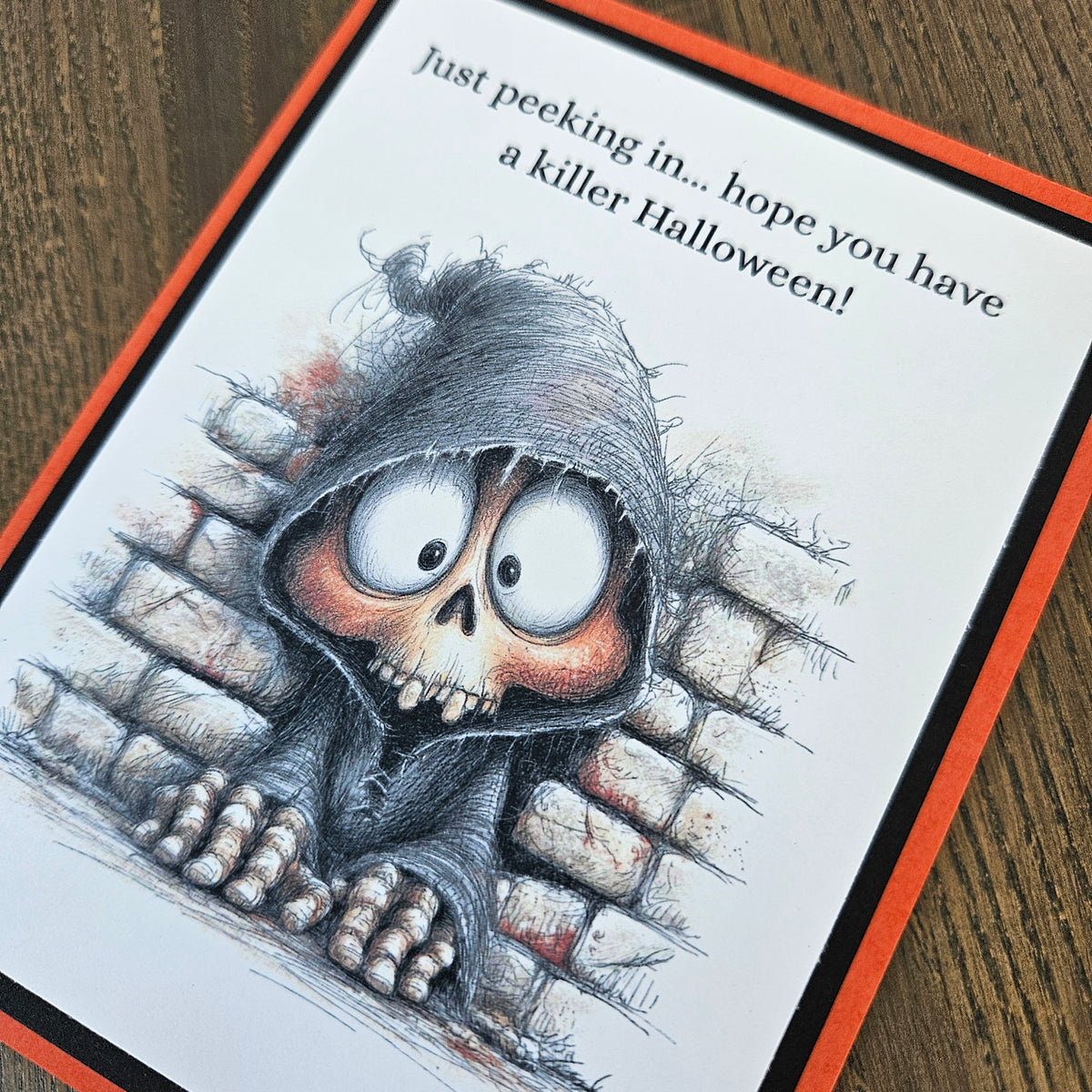 Handmade funny Halloween card with peeking grim reaper skeleton and killer sentiment