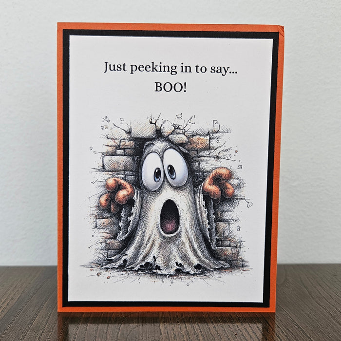 Funny Halloween Card, Peeking Ghost Just Saying Boo, Handmade Spooky Greeting, Blank Inside