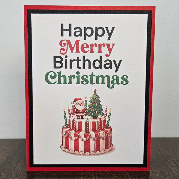 Funny Christmas Birthday Card, Santa Cake, Handmade Greeting, Blank Inside