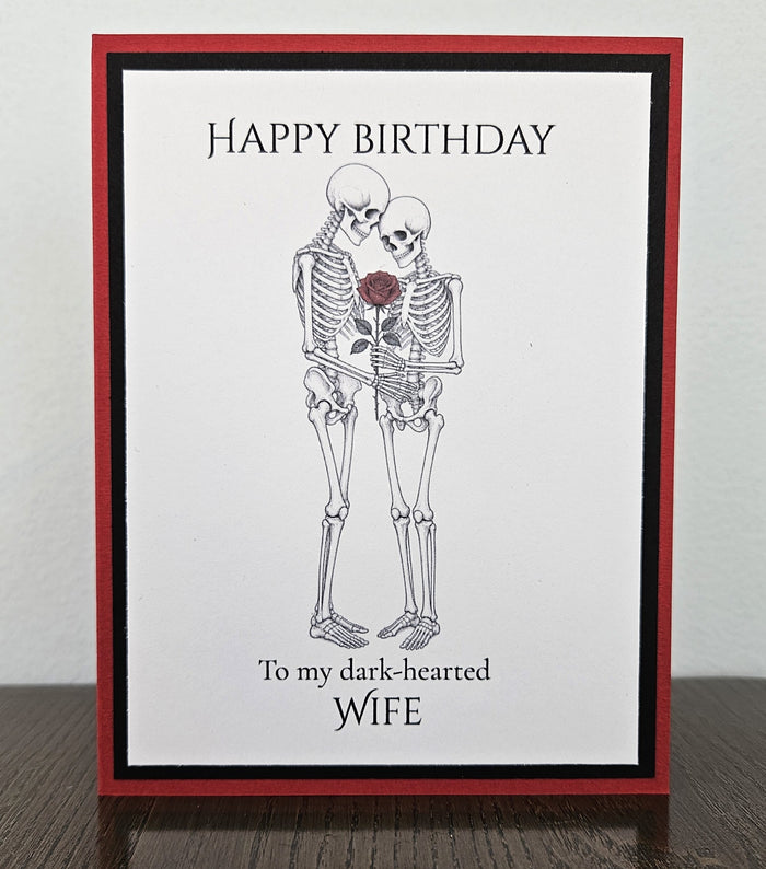 Gothic Birthday Card for Wife, Skeleton Couple and Rose, Handmade, Message Inside