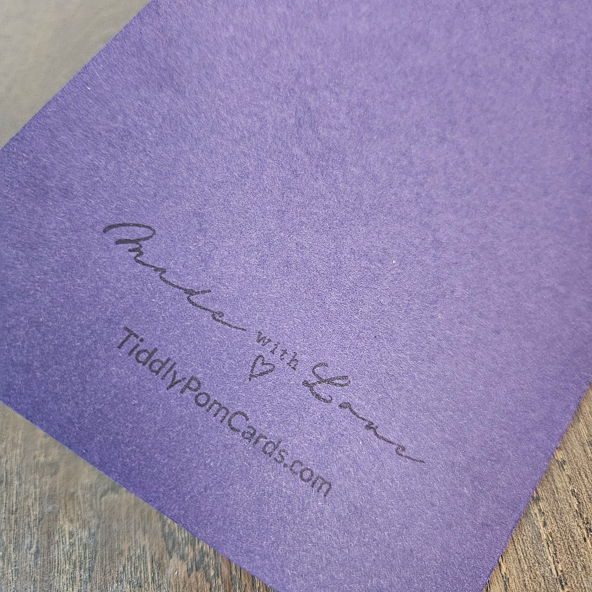 Purple back of the handmade birthday card stamped Made with Love and TiddlyPomCards.com.