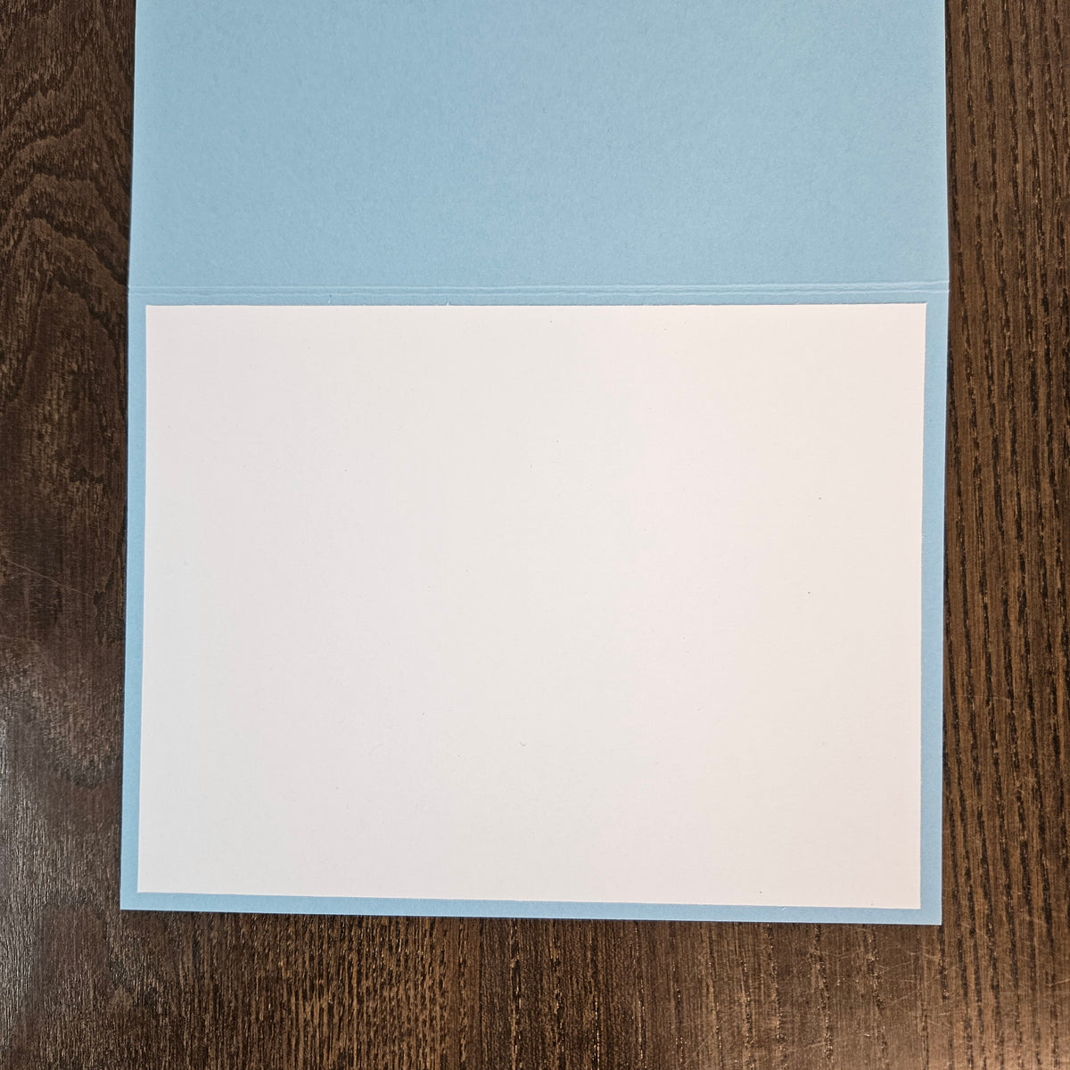 Open pale blue greeting card showing a blank white inside panel for a personal winter message.