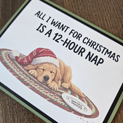 Angled close-up of the sleeping dog, Santa's Snacks plate, and 12-hour nap Christmas sentiment, framed by green and black cardstock.