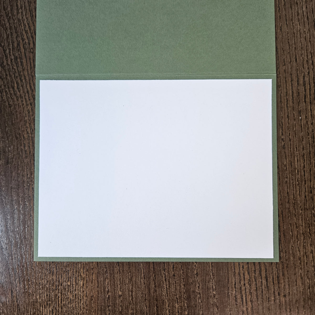Open green Christmas card with a blank white inside panel for a personal holiday message.