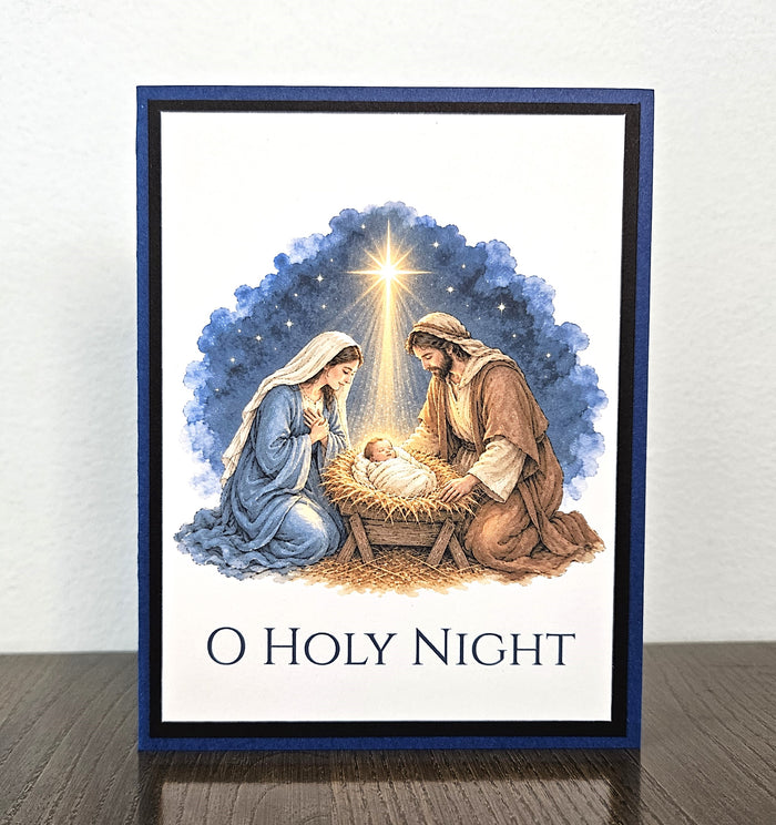 Religious Christmas Card, O Holy Night Nativity and Bethlehem Star, Handmade, Blank Inside