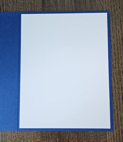 Blank white writing panel inside blue handmade A2 nativity Christmas card