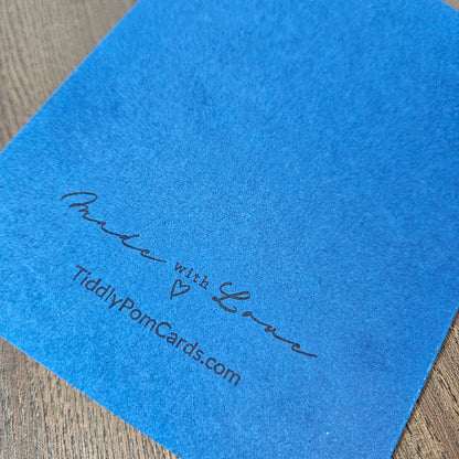 Blue back of handmade nativity Christmas card stamped Made with Love and TiddlyPomCards.com