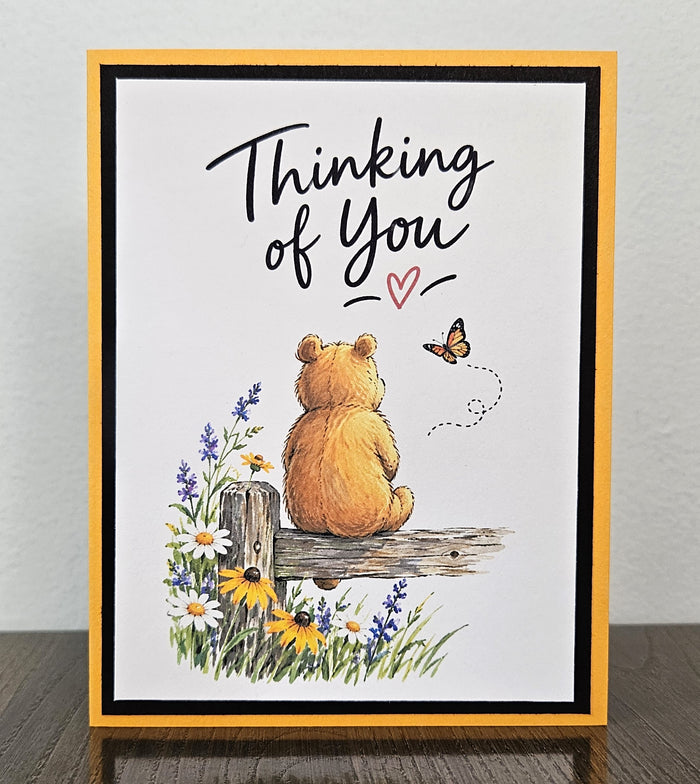 Winnie the Pooh Card, Thinking of You, Butterfly and Wildflowers, Handmade