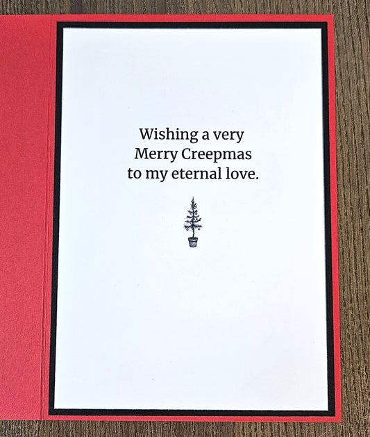 Red back of the handmade card stamped Made with Love and TiddlyPomCards.com.