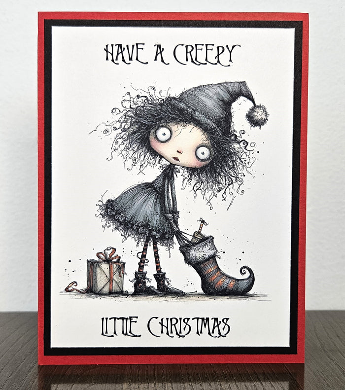 Gothic Christmas Card, Creepy Girl and Stocking, Handmade Goth Xmas Greeting
