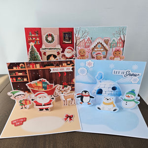 3D Christmas Card Set of 4, Pop Up Handmade Santa, Gingerbread and Winter Scenes