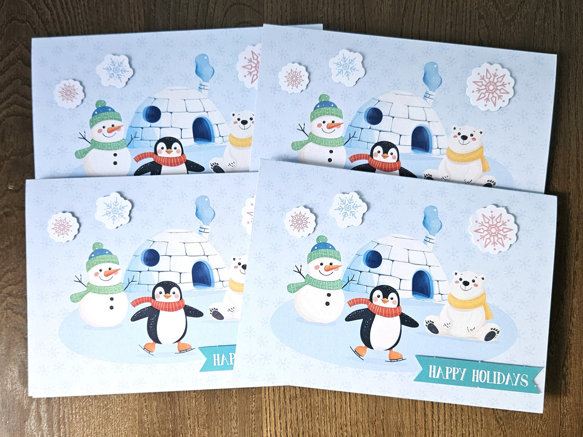 3D Christmas Card Set of 4, Pop Up, Penguin, Polar Bear and Snowman, Handmade Xmas Greeting