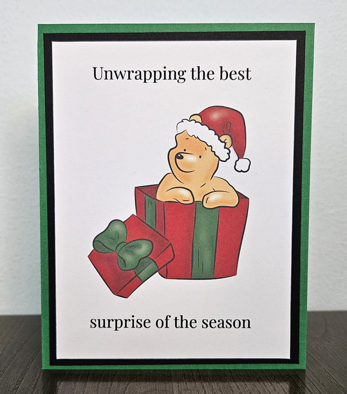 Winnie the Pooh Christmas Card, Santa Hat and Gift Box, Handmade Holiday Greeting
