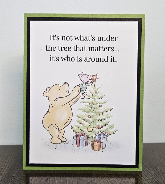 Winnie the Pooh Christmas Card, Piglet Decorating a Tree, Handmade Holiday Greeting