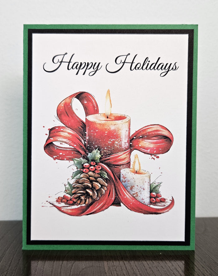 Holly Christmas Card, Candles and Ribbon, Handmade Happy Holidays Greeting