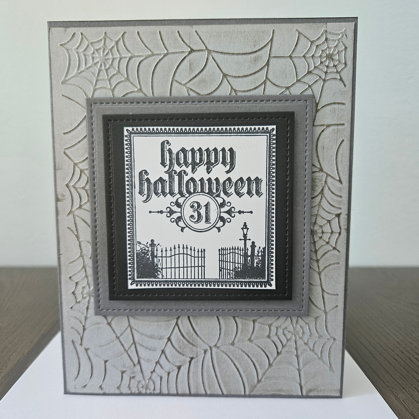 Handmade Halloween Card, Gothic Happy Halloween 31st, Embossed Spider Web, Layered Spooky Gate Design, A2 Size