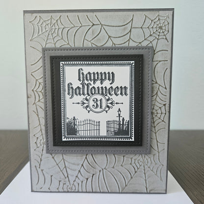 Handmade Halloween Card, Gothic Happy Halloween 31st, Embossed Spider Web, Layered Spooky Gate Design, A2 Size