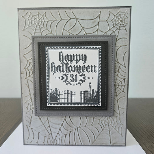 Handmade Halloween Card, Gothic Happy Halloween 31st, Embossed Spider Web, Layered Spooky Gate Design, A2 Size
