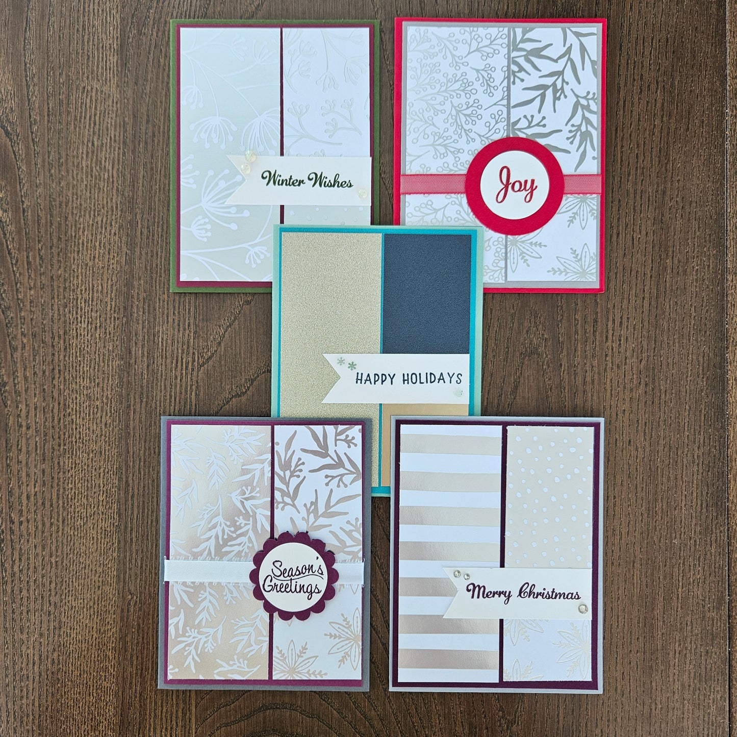 Handmade Christmas Cards, Holiday Greeting Cards, Elegant Neutral Winter Design, Joy, Merry Christmas, Season’s Greetings, 5 Card Bundle