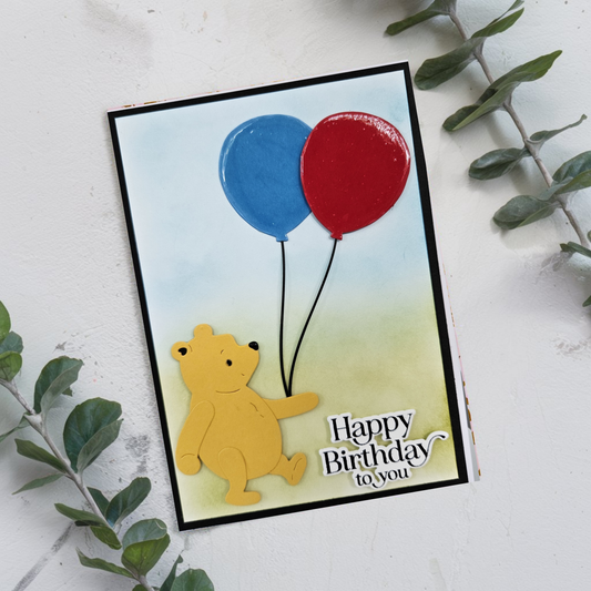 Handmade Winnie the Pooh Birthday Card, Die-Cut Hand-colored Card For Kids, Friendship Pooh Quote Card, Red and Blue Balloons, Crystal Effects
