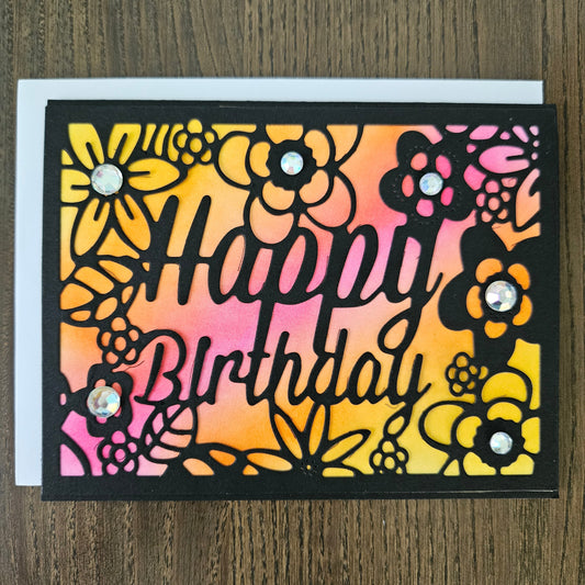 Handmade Birthday Card, Floral Die-Cut Greeting Card For Birthday, Black Overlay with Rainbow Ink Background, Happy Birthday Celebration Card Tiddly Pom Cards