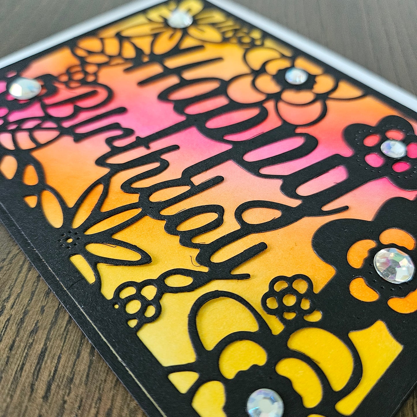 Handmade Birthday Card, Floral Die-Cut Greeting Card For Birthday, Black Overlay with Rainbow Ink Background, Happy Birthday Celebration Card