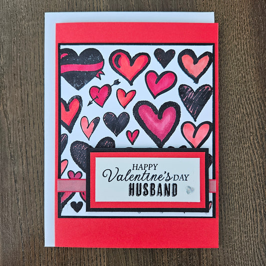 Handmade Valentine's Day Card - Hand-Colored Hearts, For Husband