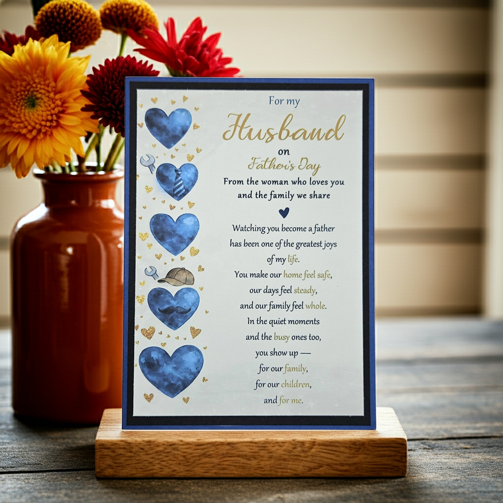 Framed Lifestyle shot of Father's Day card for husband on wooden desk with Vase and flowers