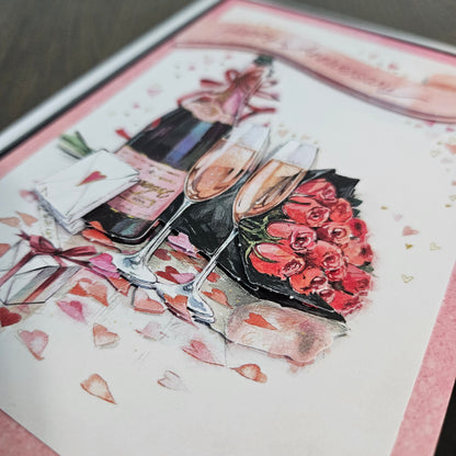 Handmade Anniversary Card, 3D Decoupage Greeting Card, Personalized Card For Couples, Romantic Champagne & Roses