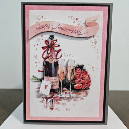 Handmade Anniversary Card, 3D Decoupage Greeting Card, Personalized Card For Couples, Romantic Champagne & Roses