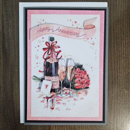 Handmade Anniversary Card, 3D Decoupage Greeting Card, Personalized Card For Couples, Romantic Champagne & Roses