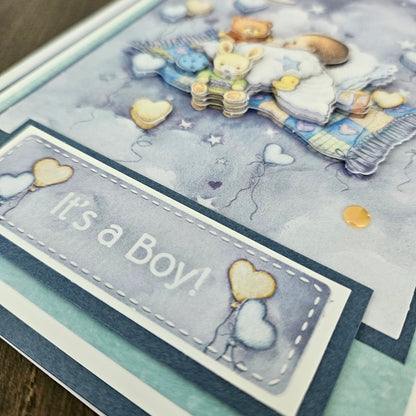Handmade Baby Boy Card, 3D Decoupage Congratulations Card, Personalized Newborn Card, Moon & Stars Nursery Theme