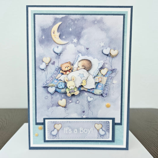 Handmade Baby Boy Card, 3D Decoupage Congratulations Card, Personalized Newborn Card, Moon & Stars Nursery Theme
