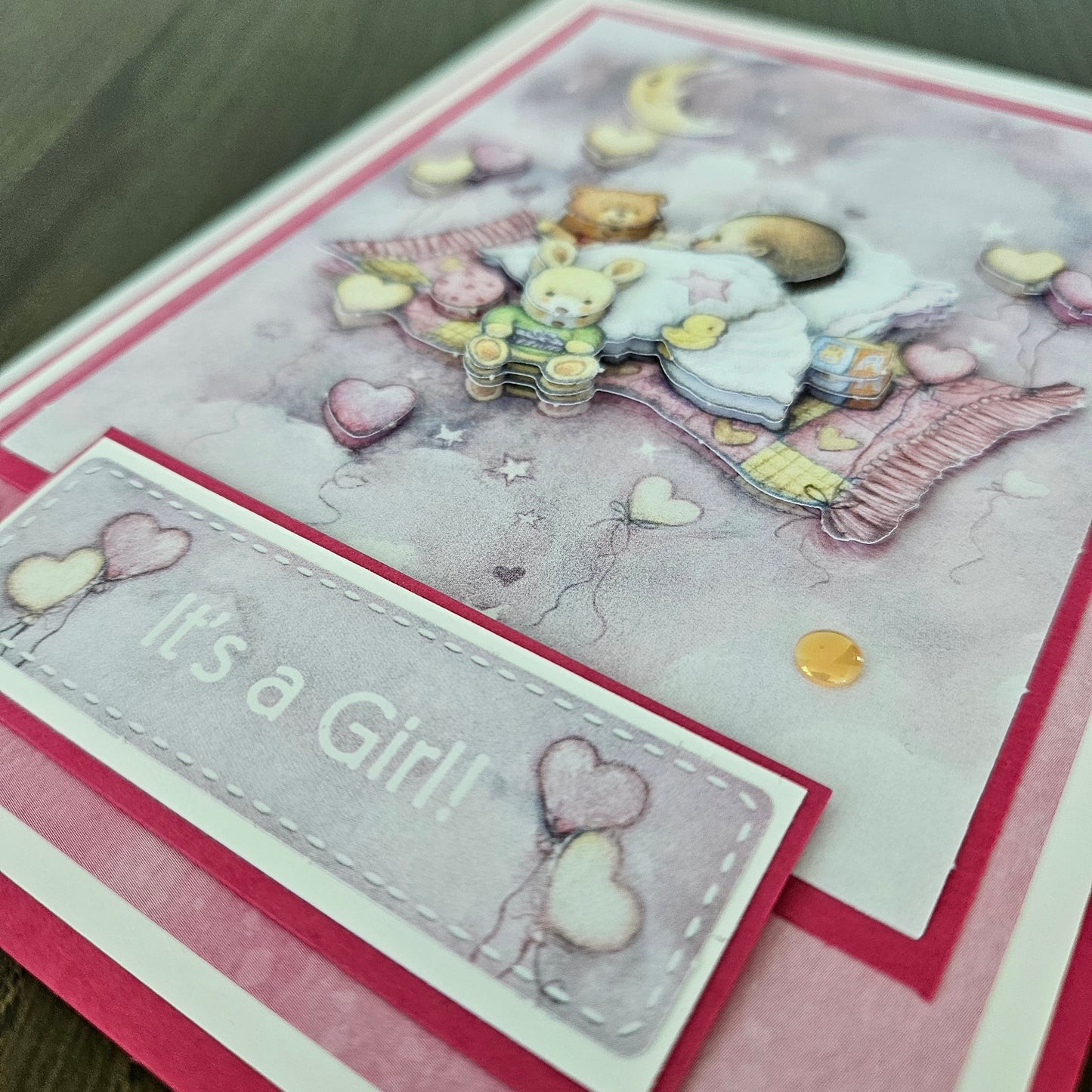 Handmade New Baby Girl Card, 3D Decoupage Greeting Card, It's a Girl Card for Parents, Cute Pink Baby Shower or Birth Congratulations