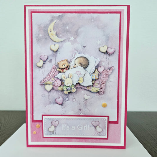 Handmade New Baby Girl Card, 3D Decoupage Greeting Card, It's a Girl Card for Parents, Cute Pink Baby Shower or Birth Congratulations