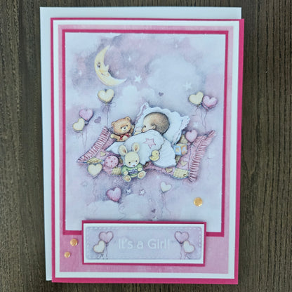 Handmade New Baby Girl Card, 3D Decoupage Greeting Card, It's a Girl Card for Parents, Cute Pink Baby Shower or Birth Congratulations