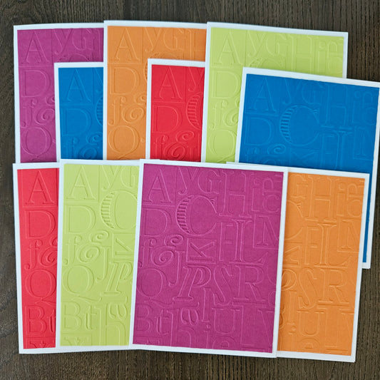 Handmade Note Cards, A2 Alphabet Embossed Set, Note Card Set, Back to School Note Cards, Bright Handmade Stationery for Teachers & Students, Bundle of 10 Blank Cards