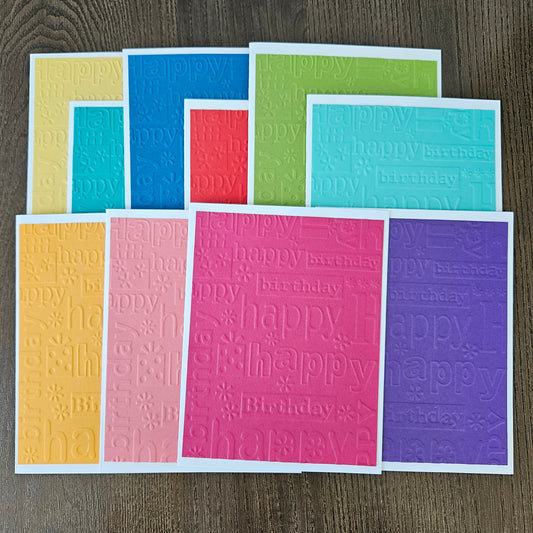 Embossed Birthday Note Cards, Handmade Happy Birthday Stationery Set of 10 in Bright Rainbow Colors
