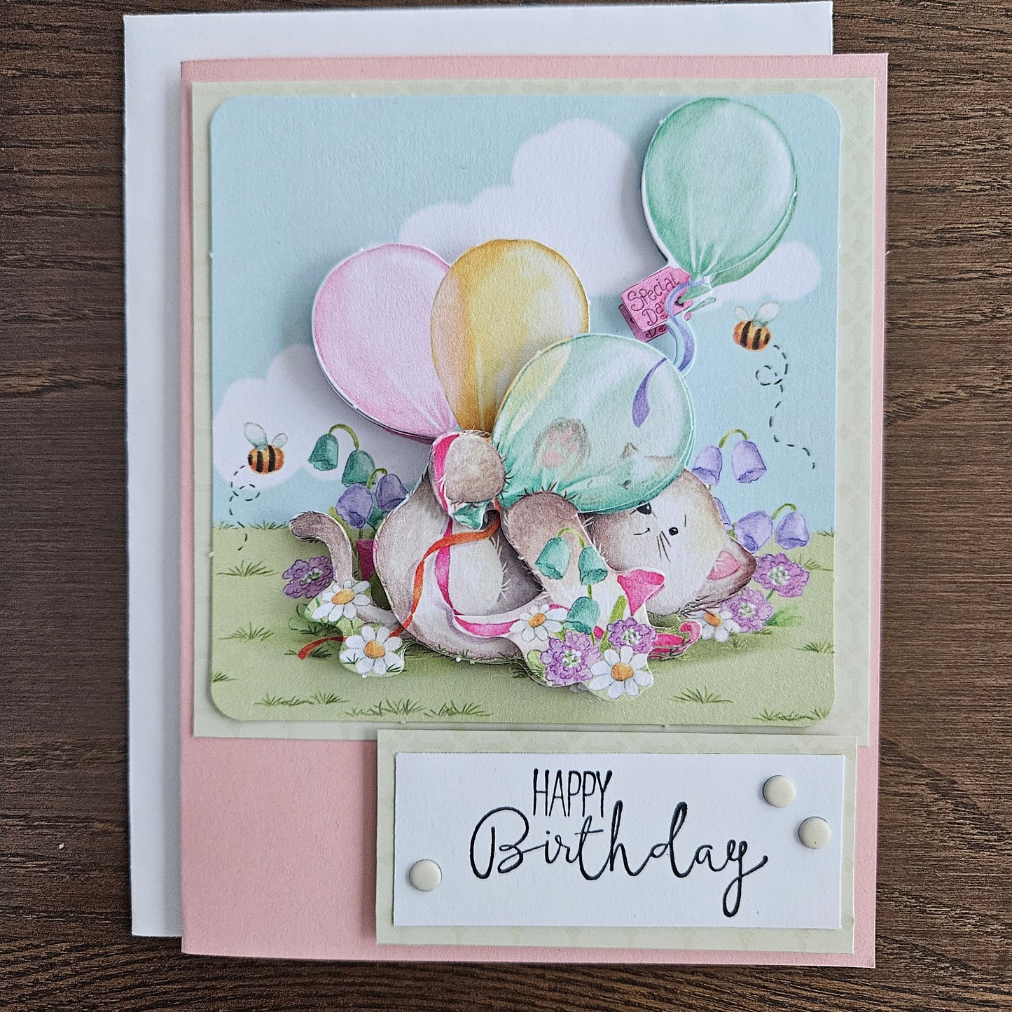 Handmade Birthday Card, Adorable Cat with Balloons, Pastel 3D Decoupage Design, Personalized Greeting Card for Kids