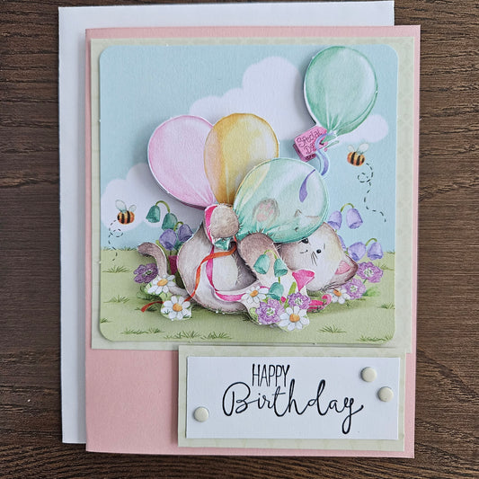 Handmade Birthday Card, Adorable Cat with Balloons, Pastel 3D Decoupage Design, Personalized Greeting Card for Kids