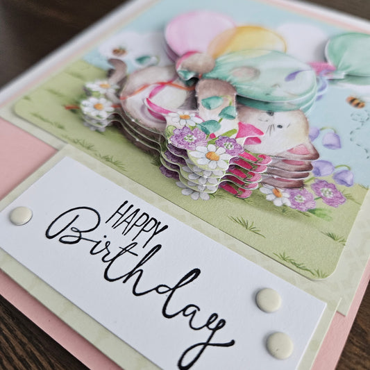 Handmade Birthday Card For Kids, Pastel 3D Decoupage Greeting Card, Adorable Cat with Balloons