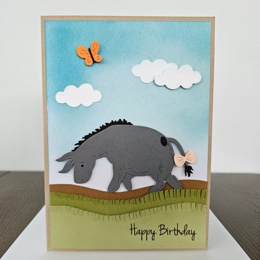 Handmade Birthday Card, 3D Eeyore Die-Cut Design, Layered Card with Embossed Grass & Clouds, Winnie The Pooh Inspired Greeting Card
