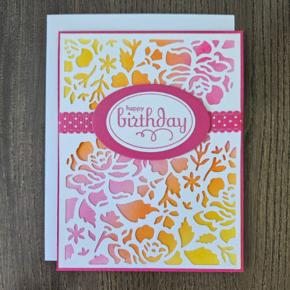 Handmade Birthday Card, A2 Size Flip Greeting Card, Die-Cut Floral Overlay, Embossed Sentiment, Pink & Sunset Ombre, Card For Birthday Gift