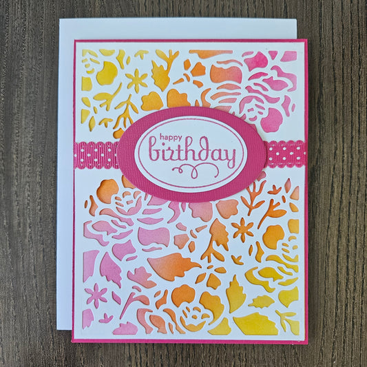 Handmade Birthday Card, Die-Cut Floral Flip Greeting Card, Pink & Sunset Ombre Tiddly Pom Cards
