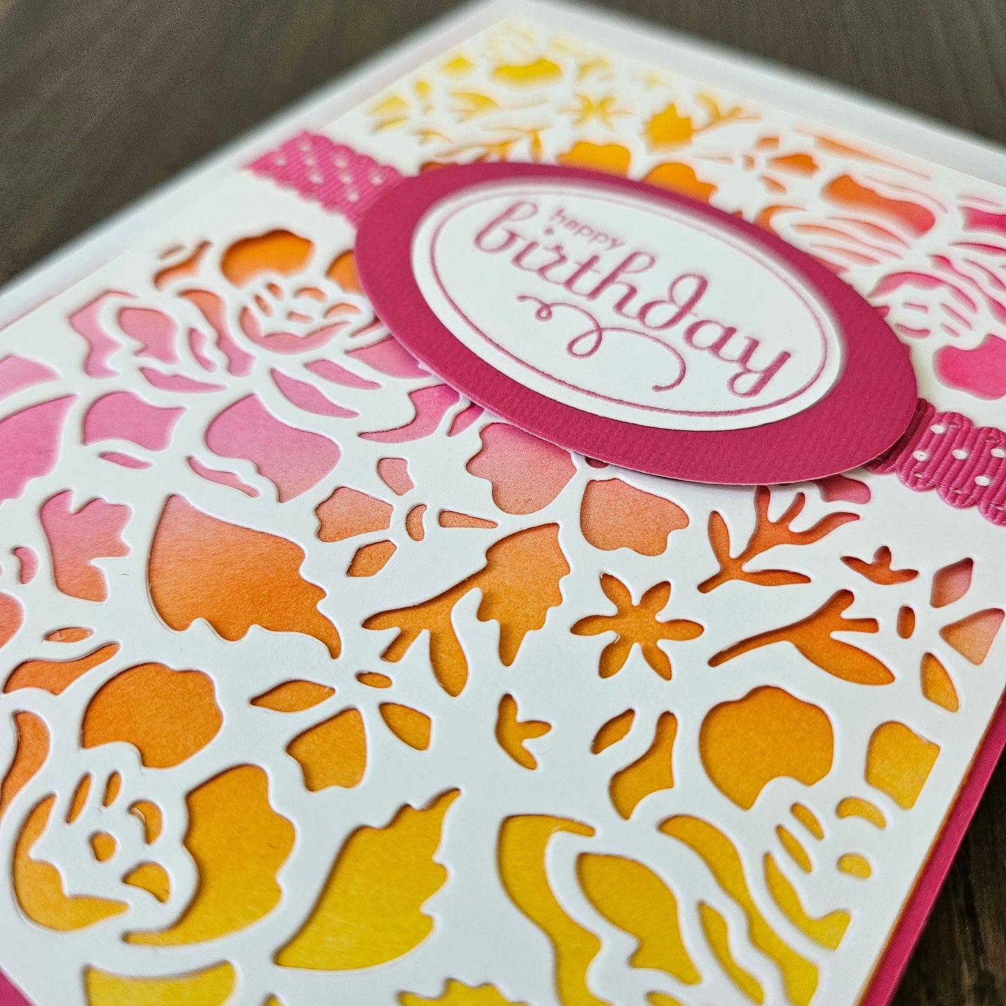 Handmade Birthday Card, A2 Size Flip Greeting Card, Die-Cut Floral Overlay, Embossed Sentiment, Pink & Sunset Ombre, Card For Birthday Gift