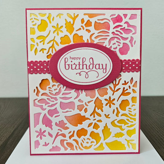Handmade Birthday Card, A2 Size Flip Greeting Card, Die-Cut Floral Overlay, Embossed Sentiment, Pink & Sunset Ombre, Card For Birthday Gift
