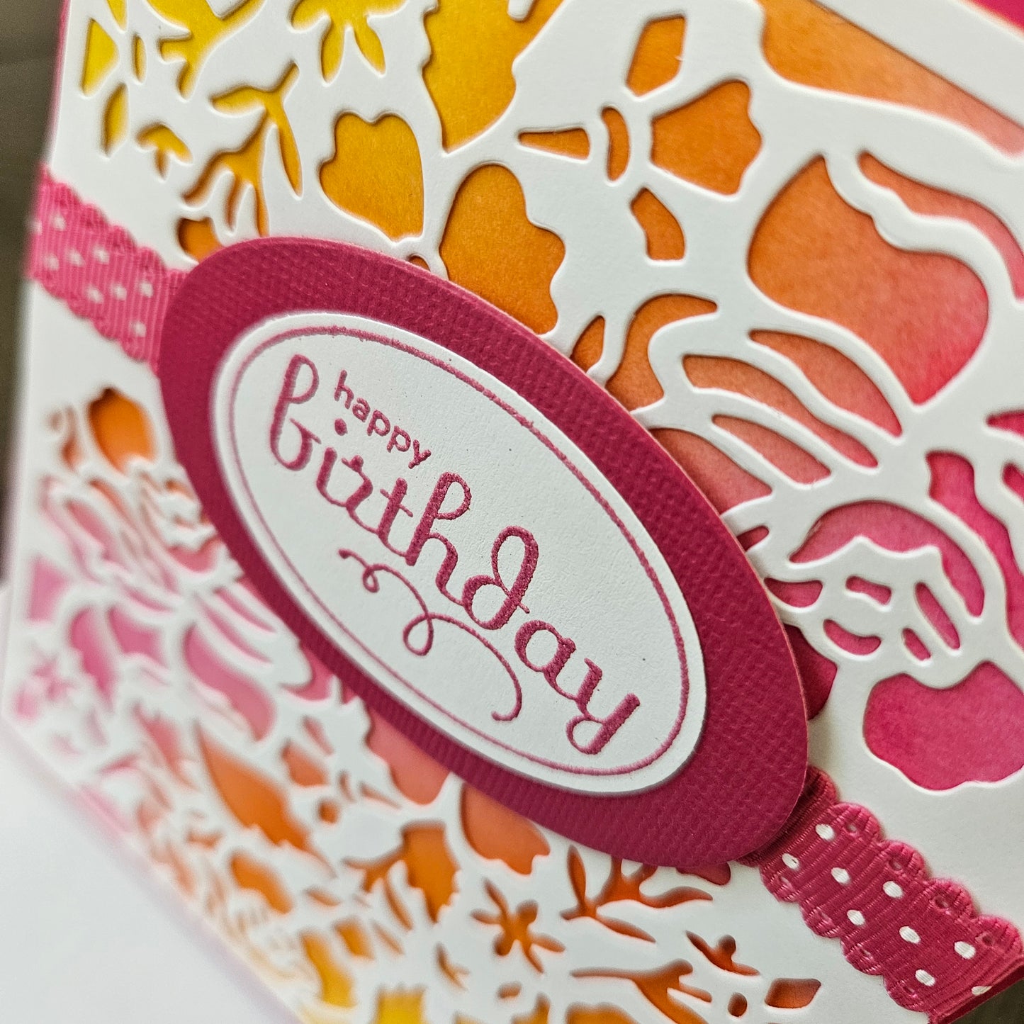 Handmade Birthday Card, A2 Size Flip Greeting Card, Die-Cut Floral Overlay, Embossed Sentiment, Pink & Sunset Ombre, Card For Birthday Gift