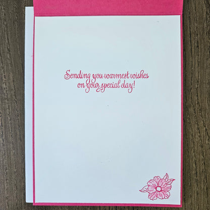 Handmade Birthday Card, A2 Size Flip Greeting Card, Die-Cut Floral Overlay, Embossed Sentiment, Pink & Sunset Ombre, Card For Birthday Gift
