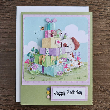 Handmade Birthday Card, 3D Puppy Decoupage Greeting Card, Pastel Dog Birthday Card for Kids, Personalized Cute Card with Gifts